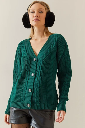 XHAN Emerald Green Knitted Patterned Buttoned Cardigan