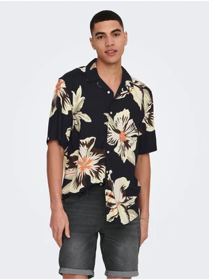 Beige-Black Mens Flowered Short Sleeve Shirt ONLY & SONS - Men