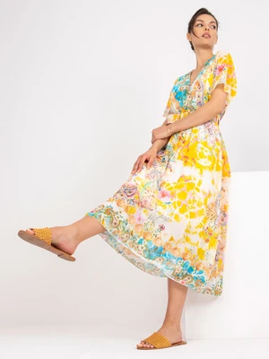 Yellow midi dress with prints and clutch neckline