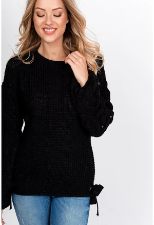 Women's knitted sweater with bows - black,