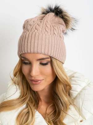 Cap with braids and fur pompom, dirty pink