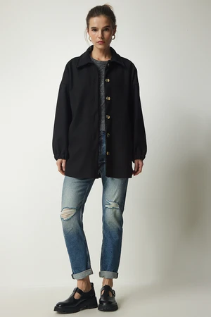 Happiness İstanbul Women's Black Buttoned Pocket Oversize Shirt Jacket