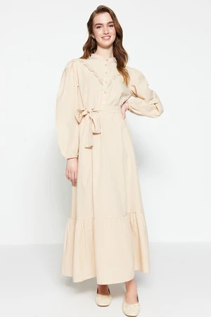 Trendyol Beige Collar, Embroidered, Tie Waist Woven Dress