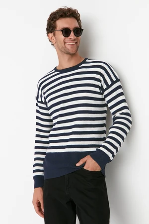 Trendyol Indigo Men's Crew Neck Oversize Striped Knitwear Sweater