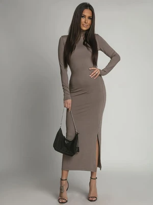 Plain dress with long sleeves and cappuccino turtleneck