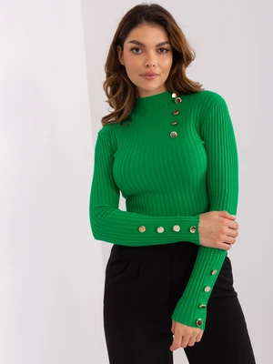 Green fitted sweater with decorative buttons