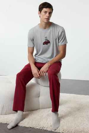 Trendyol Men's Gray - Claret Red Regular Fit Embroidered Knitted 3-Piece Pajama Set