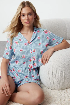 Trendyol Light Blue Floral Patterned Viscose Woven Pajama Set