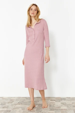 Trendyol Dusty Rose Button and Slit Detailed Ribbed Knitted Nightgown