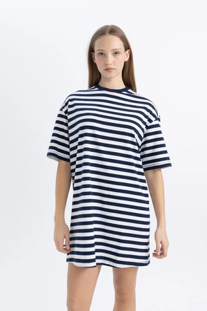 DEFACTO Cool Oversize Striped Combed Cotton Short Sleeve Mini T-Shirt Dress