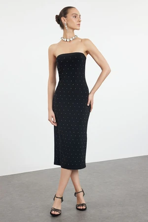 Trendyol Black Fitted Stone Printed Knitted Chic Evening Dress