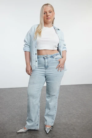 Trendyol Curve Light Blue High Waist Star Printed Straight Fit Plus Size Jeans