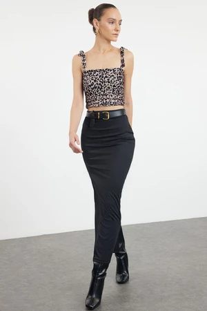 Trendyol Brown Animal Leopard Patterned Tie Detailed Square Neck Crop Stretchy Knitted Blouse