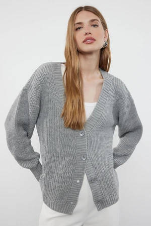 Trendyol Gray Basic V-Neck Knitwear Cardigan