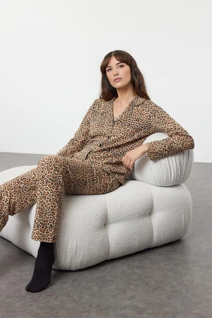 Trendyol Brown Cotton Leopard Patterned Knitted Pajama Set