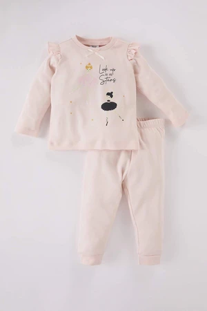 DEFACTO Baby Girl Pajama Set Ballerina Crew Neck Printed Long Sleeve Top Elastic Waist Long Bottom