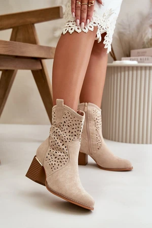 Openwork ankle boots with a flat heel made of eco-suede fastened with a zipper Beige Sevana