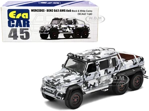 Mercedes Benz G63 AMG 6x6 Pickup Truck with Spotlight Black and White Camo 1/64 Diecast Model Car by Era Car