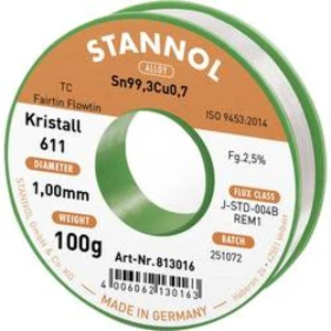 Bezolovnatý pájecí cín Stannol Kristall 611 Fairtin, bez olova, 100 g, 1 mm