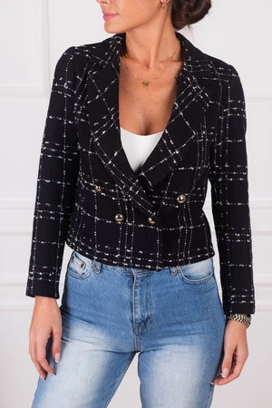 armonika Women's Black Double Breasted Collar Tweed Crop Jacket