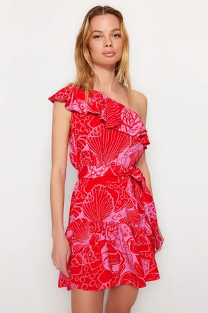 Trendyol Underwater Patterned Mini Woven Ruffle One-Shoulder Beach Dress