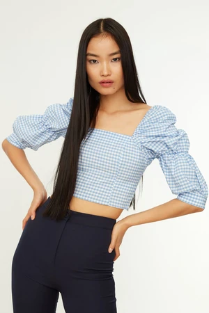 Trendyol Blue Crop Balloon Sleeve Houndstooth Blouse