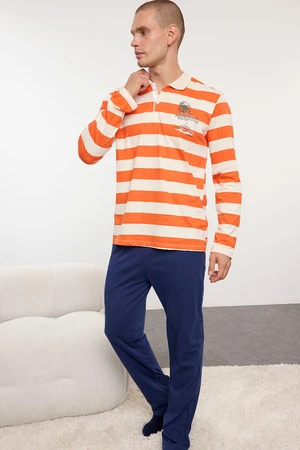 Trendyol Men's Orange-Ecru Striped Polo Collar Regular Fit Knitted 100% Cotton Pajama Set