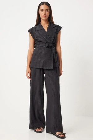 Happiness İstanbul Women's Black Belted Vest Palazzo Knitted Suite