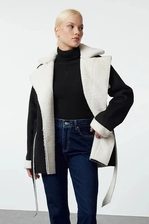 Trendyol Black Oversize Belted Plush Detailed Suede Coat