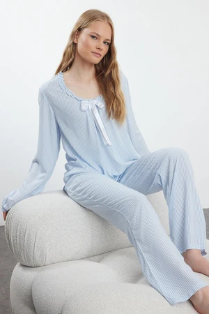 Trendyol Light Blue Striped Ruffle and Ribbon/Bow Detailed Woven Pajama Set