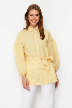 Trendyol Yellow Striped Belted Balloon Back Sleeve Long Woven Shirt