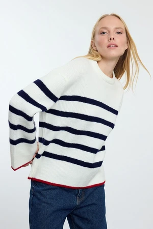 Trendyol Ecru Soft Texture Wide Pattern Basic Striped Knitwear Sweater