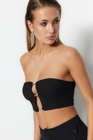 Trendyol Čierny Krátky Podšitý Tkaný Lesklý Kameňový Okno/Vystrihnutý Detailný Bustier