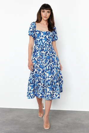 Trendyol Blue Floral Viscose Waist Opening Midi Woven Dress