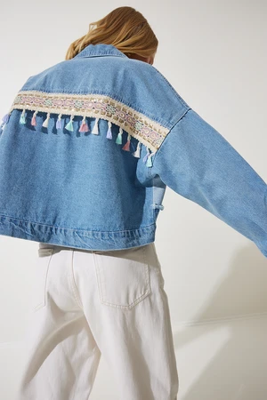 Happiness İstanbul Women's Medium Blue Tassel Detailed Crop Denim Jacket