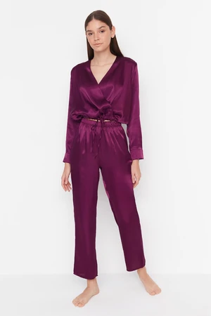 Trendyol Purple Double Breasted Lapel Detail Satin Woven Pajama Set