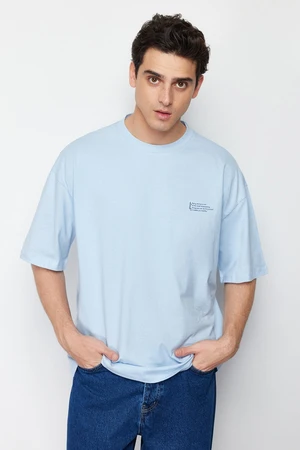 Trendyol Light Blue Oversize 100% Cotton Crew Neck Minimal Text Printed T-Shirt