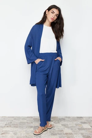 Trendyol Blue Oversize Textured/Creamy Knitted Kimono Trousers Top-Bottom Set