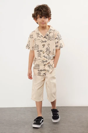 Trendyol Beige Boy Patterned Cotton Woven Shirt-Shorts Bottom-Top Set