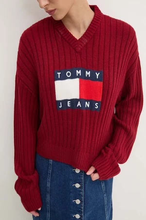 Sveter Tommy Jeans dámsky, bordová farba, tenký, DW0DW18528