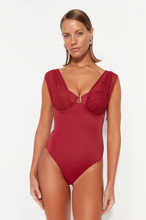 Trendyol Claret Red Underwire sieťované detailné pravidelné plavky na nohy