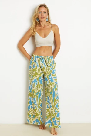 Cool & Sexy Women's Green Palozzo Patterned Linen Trousers K1250