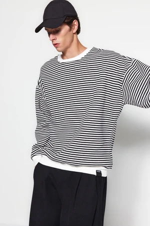 Trendyol Black Oversize/Wide Cut Striped Fleece Inside/Warm Sweatshirt