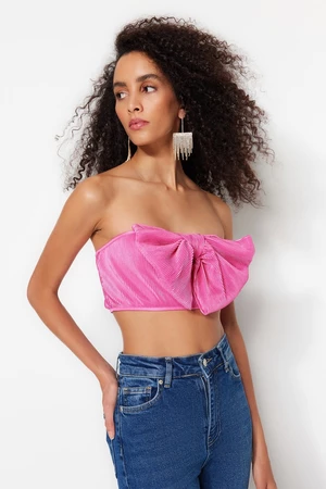 Trendyol růžový pletený texturovaný crop top bustier