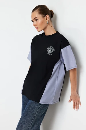 Trendyol Black Oversize/Wide Fit Poplin Detailed Printed Knitted T-Shirt