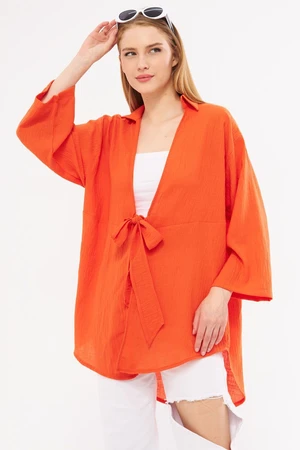 armonika Women's Orange Linen Look Front Tie Kimono Shirt