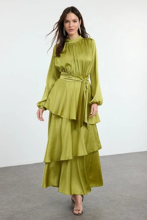 Trendyol Oil Green Layered Satin Woven Evening Dress/Evening Gown