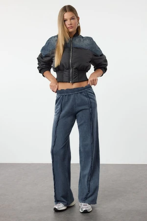 Trendyol Indigo Washed Ribbed Wideleg/Wide Leg Knitted Sweatpants