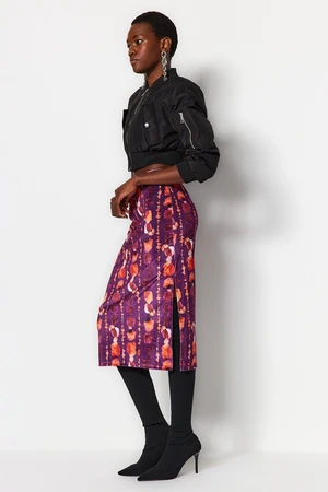 Trendyol Purple Printed Midi Velvet Knitted Skirt with a Fitted Slit