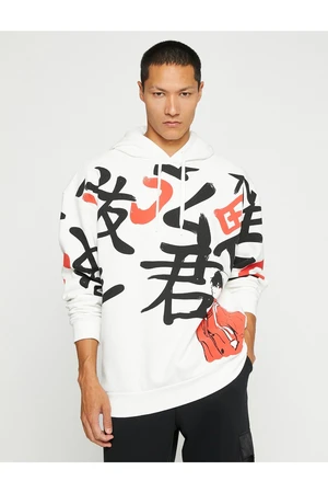 Koton Basic Hooded Oversized Sweatshirt with Far East Print.